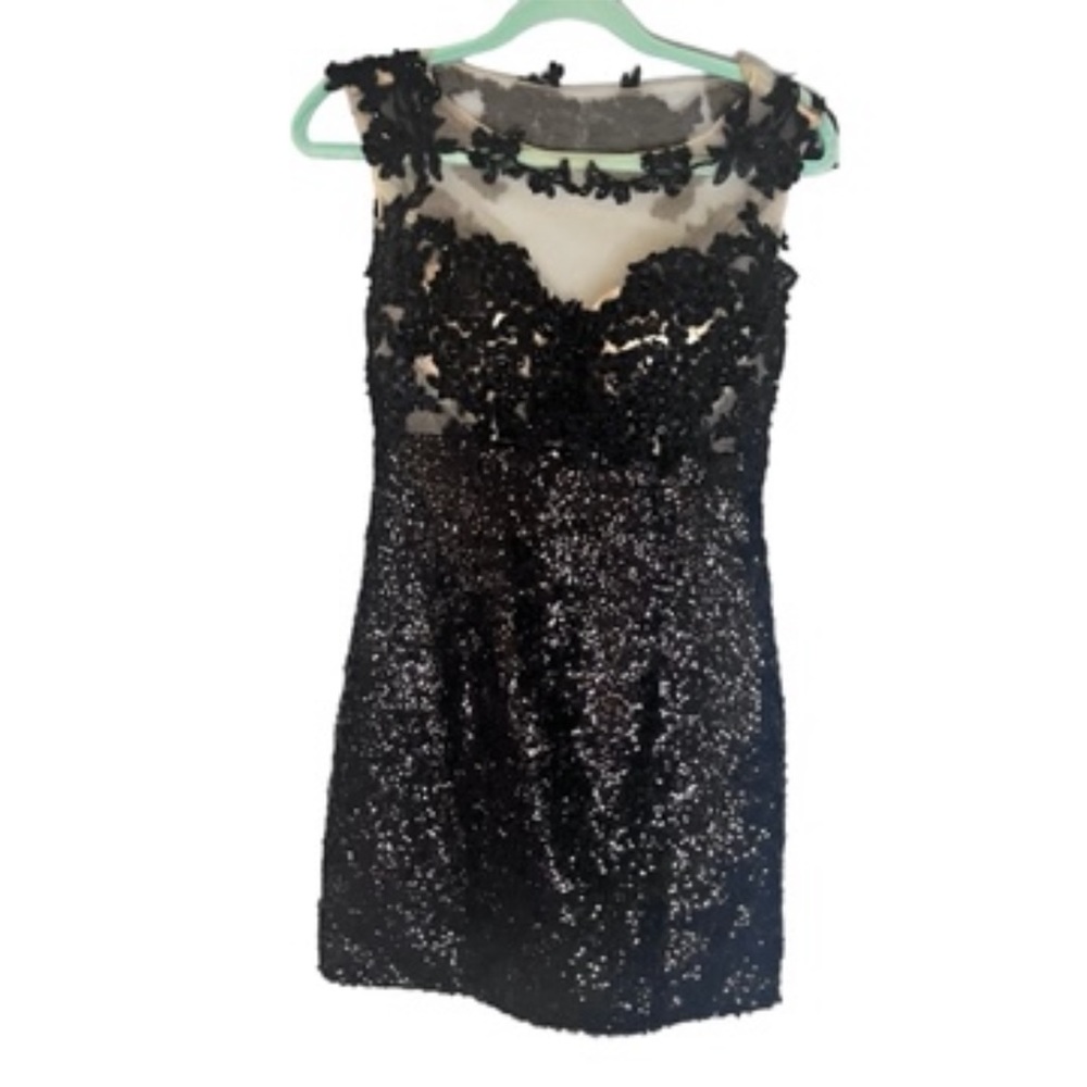 Vtg Sheer Mesh Top Black Sequin Floral Applique Glam Micro Mini Tunic Dress